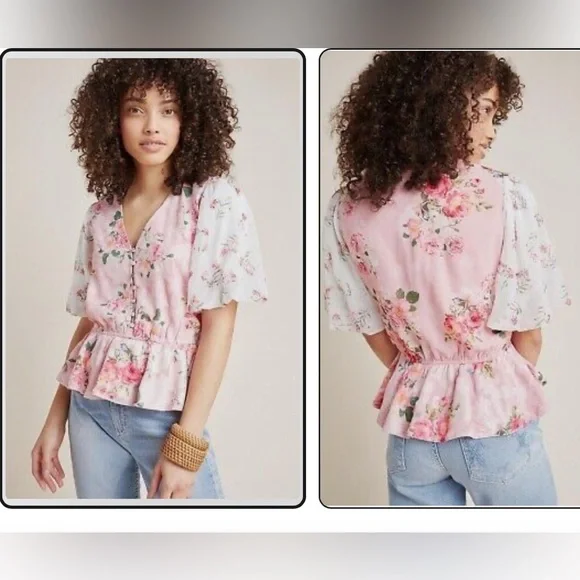 Anthropologie HEMANT & NANDITA FLORAL Romancecore Puff Sleeve BLOUSE - Picture 1 of 6